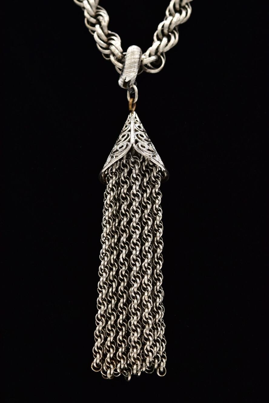 Monet Vintage Silver Rope Chain Tassel Pendant Statement Necklace Signed BinBM